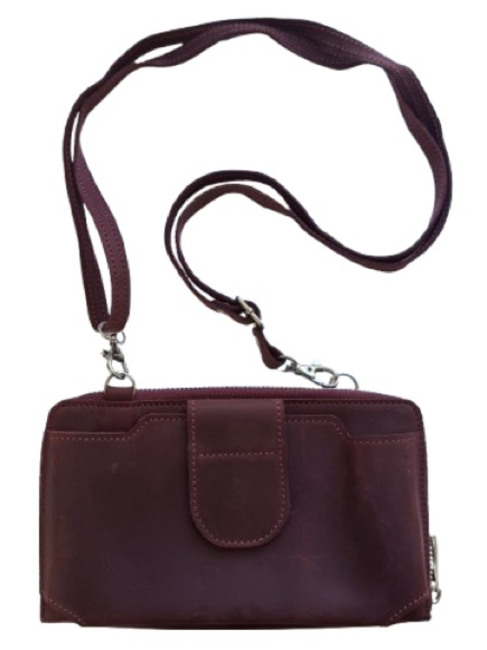 Burgundy Leather Zip Around Wallet With Crossbody Purse Strap